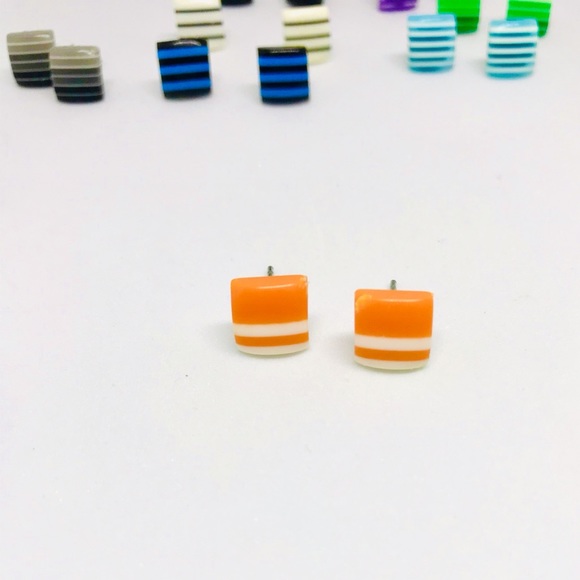 Orange And White Minimalist Stud Earrings - Picture 2 of 13